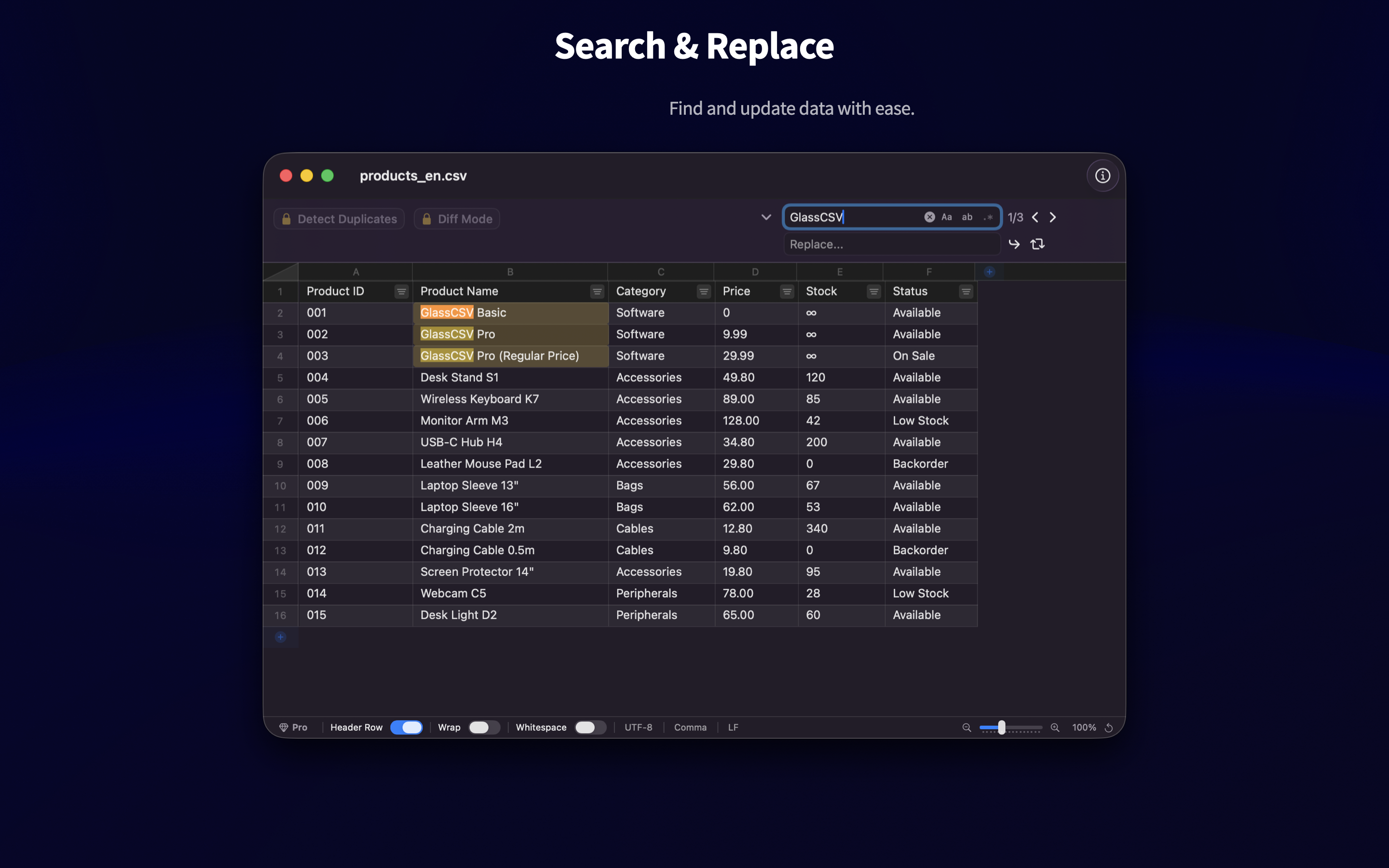 GlassCSV - Filter and sort